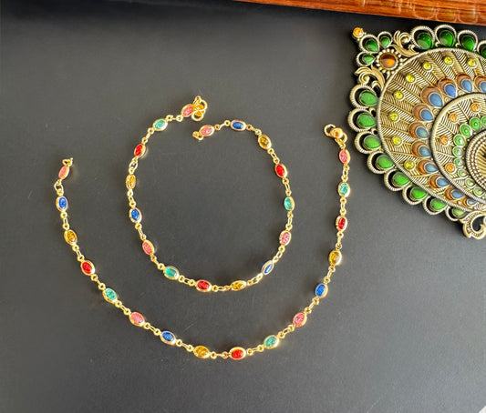 Gold tone 10.5 inches multicolor stone anklets dj-51314