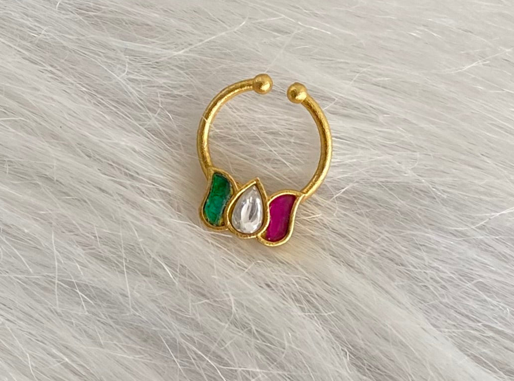 Gold tone kundan jadau pink-green-white stone lotus nose pin/bulakku dj-53752