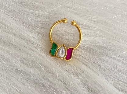 Gold tone kundan jadau pink-green-white stone lotus nose pin/bulakku dj-53752