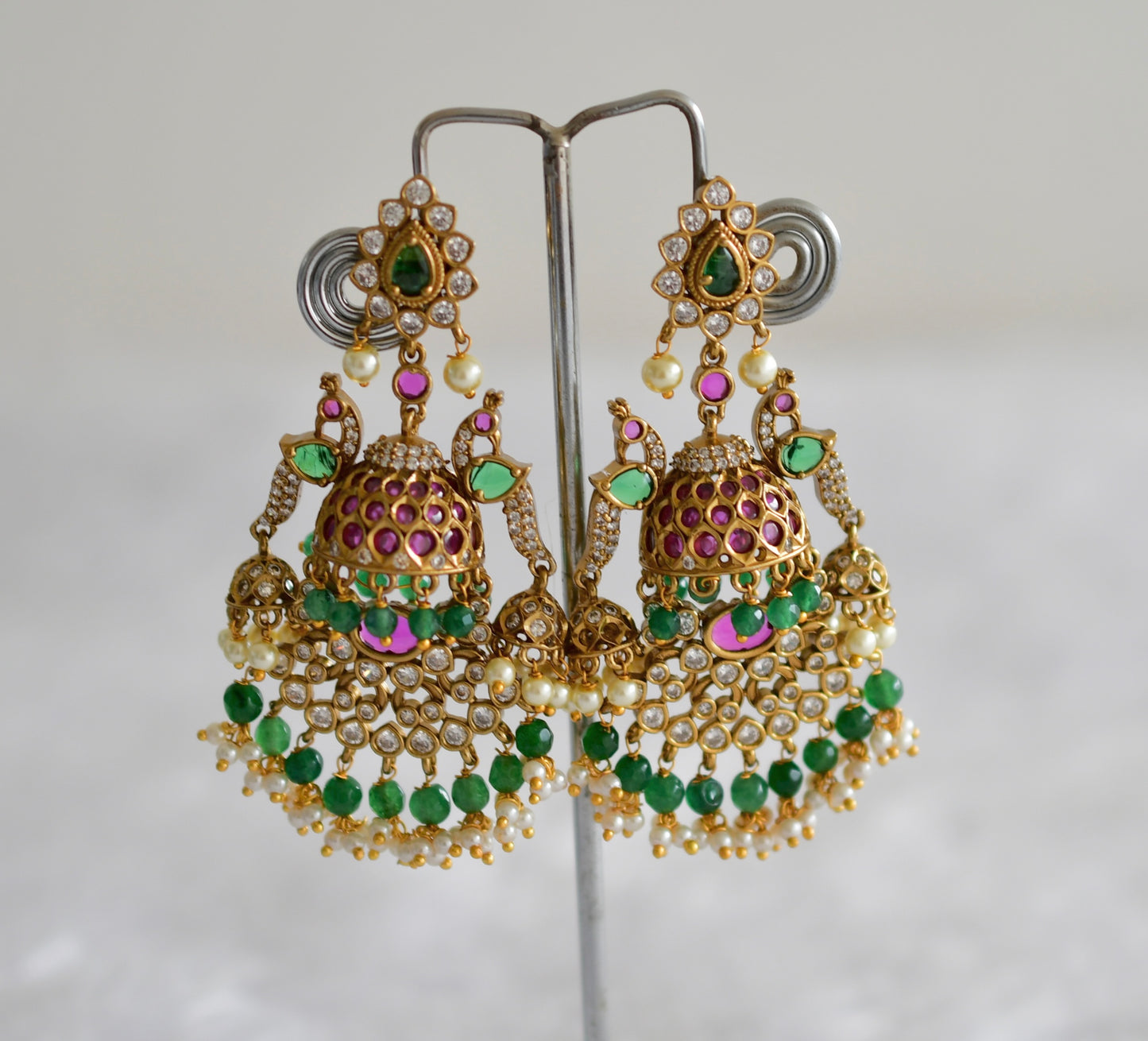 Antique gold tone kemp-green pearl bali peacock jhumkka dj-51865