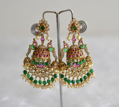 Antique gold tone kemp-green pearl bali peacock jhumkka dj-51865