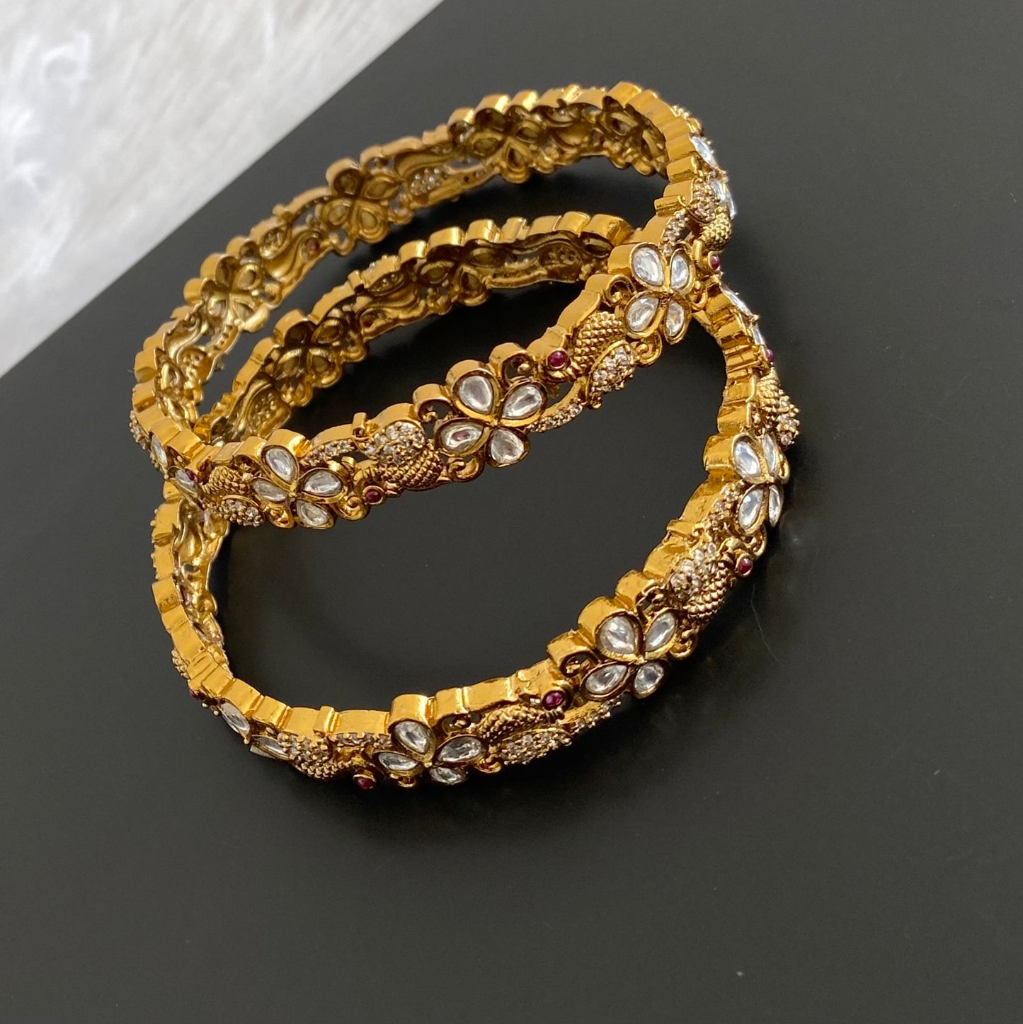 Antique gold tone pink-white stone peacock bangles(2.6) dj-53494