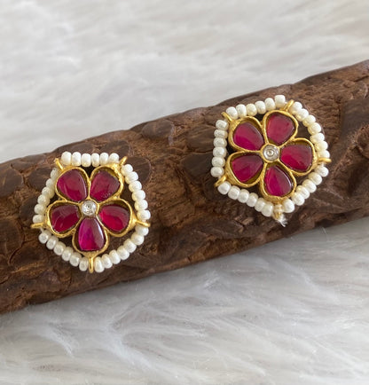 Gold tone pink-white pearl kundan jadau flower stud/earrings dj-53549