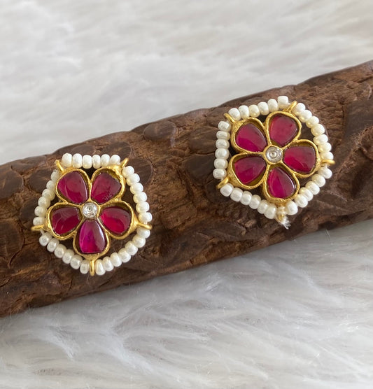 Gold tone pink-white pearl kundan jadau flower stud/earrings dj-53549