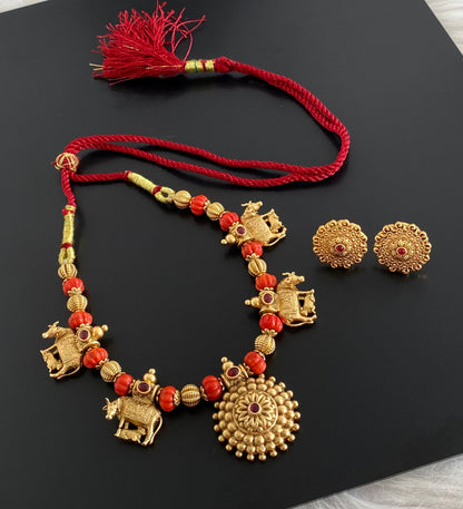 Antique gold tone coral pumpkin beaded kamadhenu necklace set dj-54957