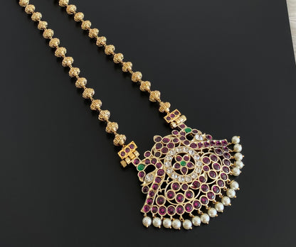 Gold tone precious kemp-green-white peacock flower nakshi beaded haar dj-54731