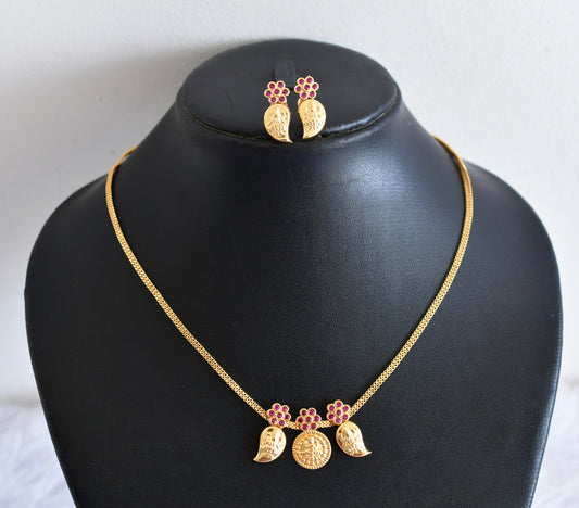 Gold tone pink stone mango lakshmi coin necklace set dj-53044