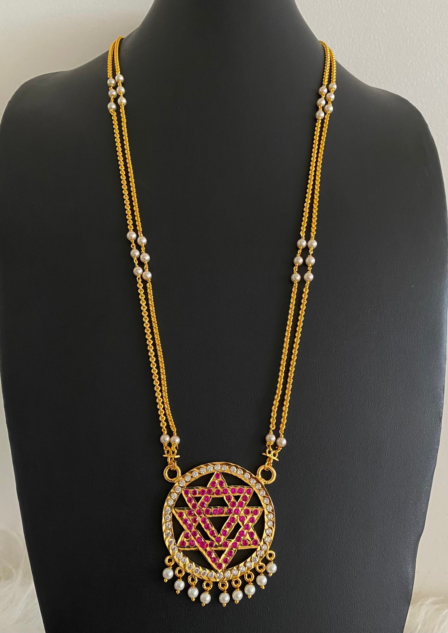 Gold tone 24 inches pearl chain with AD pink-white chakram pendant dj-54491