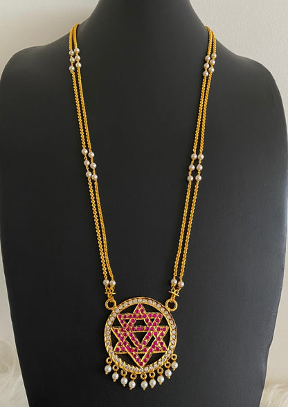 Gold tone 24 inches pearl chain with AD pink-white chakram pendant dj-54491