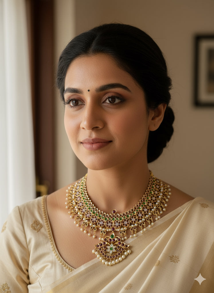 Gold tone precious kemp-green-white pearl mango big necklace dj-52261