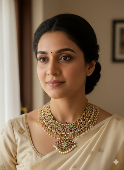 Gold tone precious kemp-green-white pearl mango big necklace dj-52261