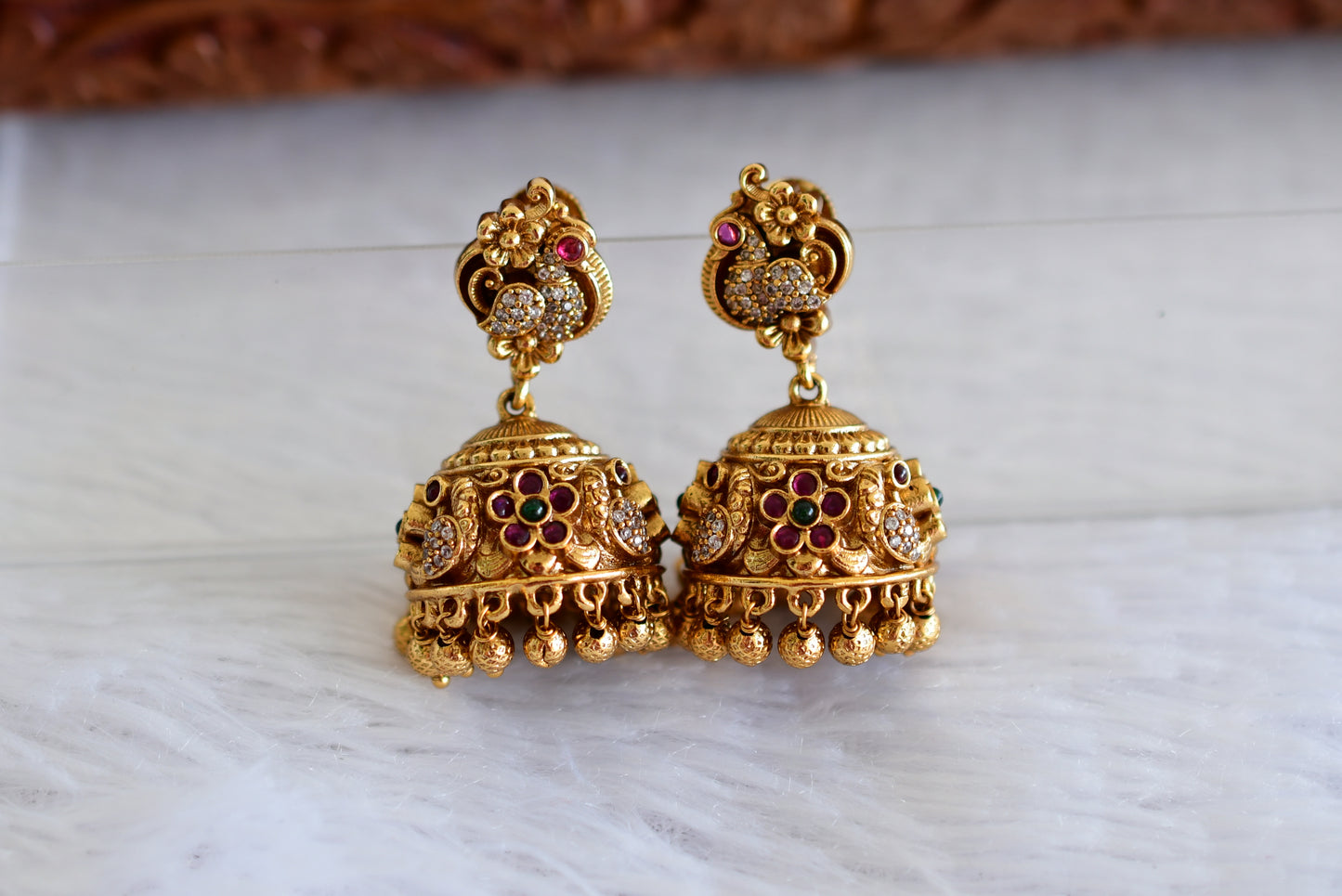 Antique gold tone kemp-green peacock jhumkka dj-51933