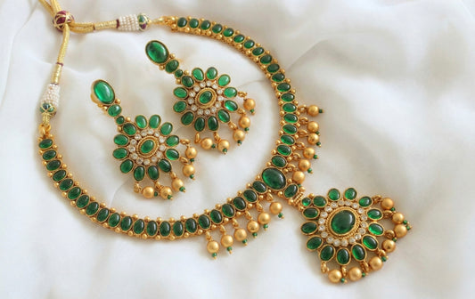 Matte finish green flower necklace set DJ28066