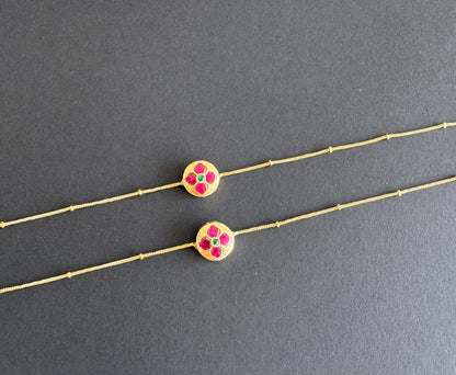 Gold tone pink-green flower kundan jadau anklets dj-51413