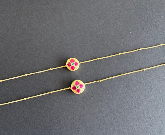 Gold tone pink-green flower kundan jadau anklets dj-51413