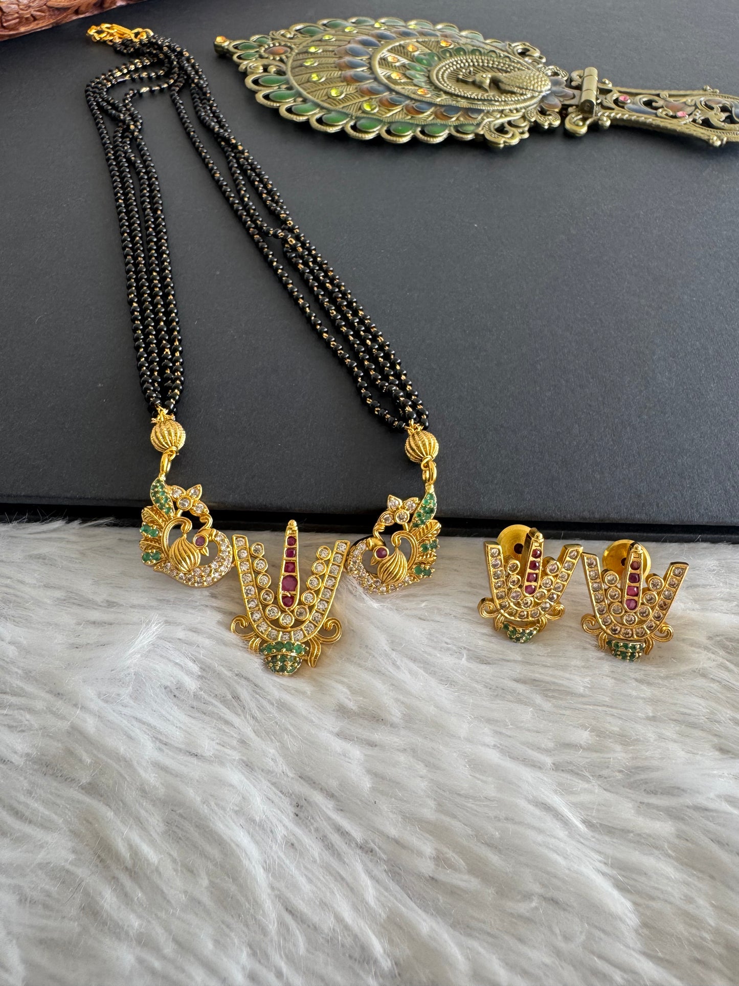 Matte finish cz pink-green Thirumal Nama peacock 18 inches mangalsutra set dj-52070