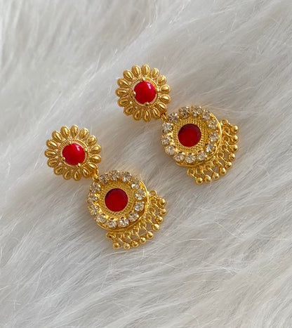 Gold tone round coral red-white stone kerala style earrings dj-54317