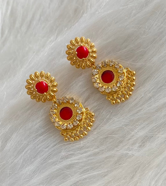 Gold tone round coral red-white stone kerala style earrings dj-54317