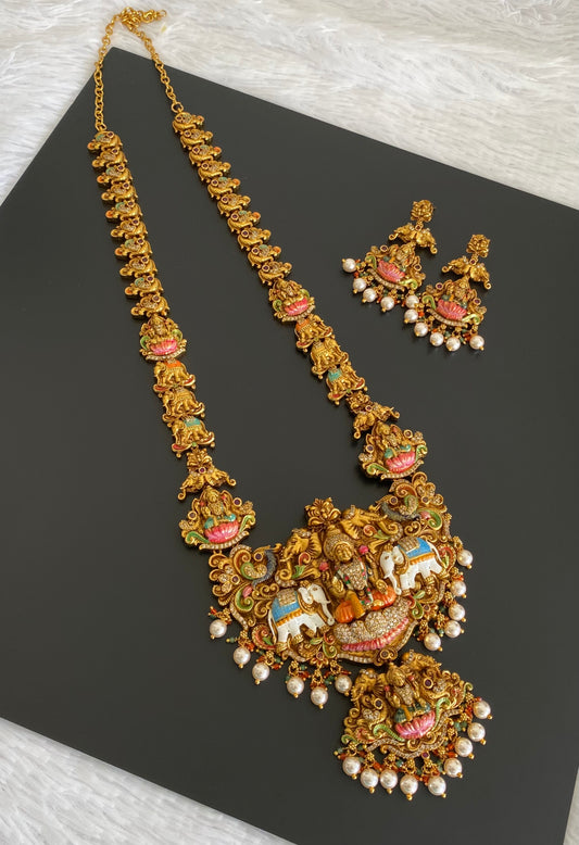 Matte finish pearl meenakari gaja lakshmi haar set dj-54095