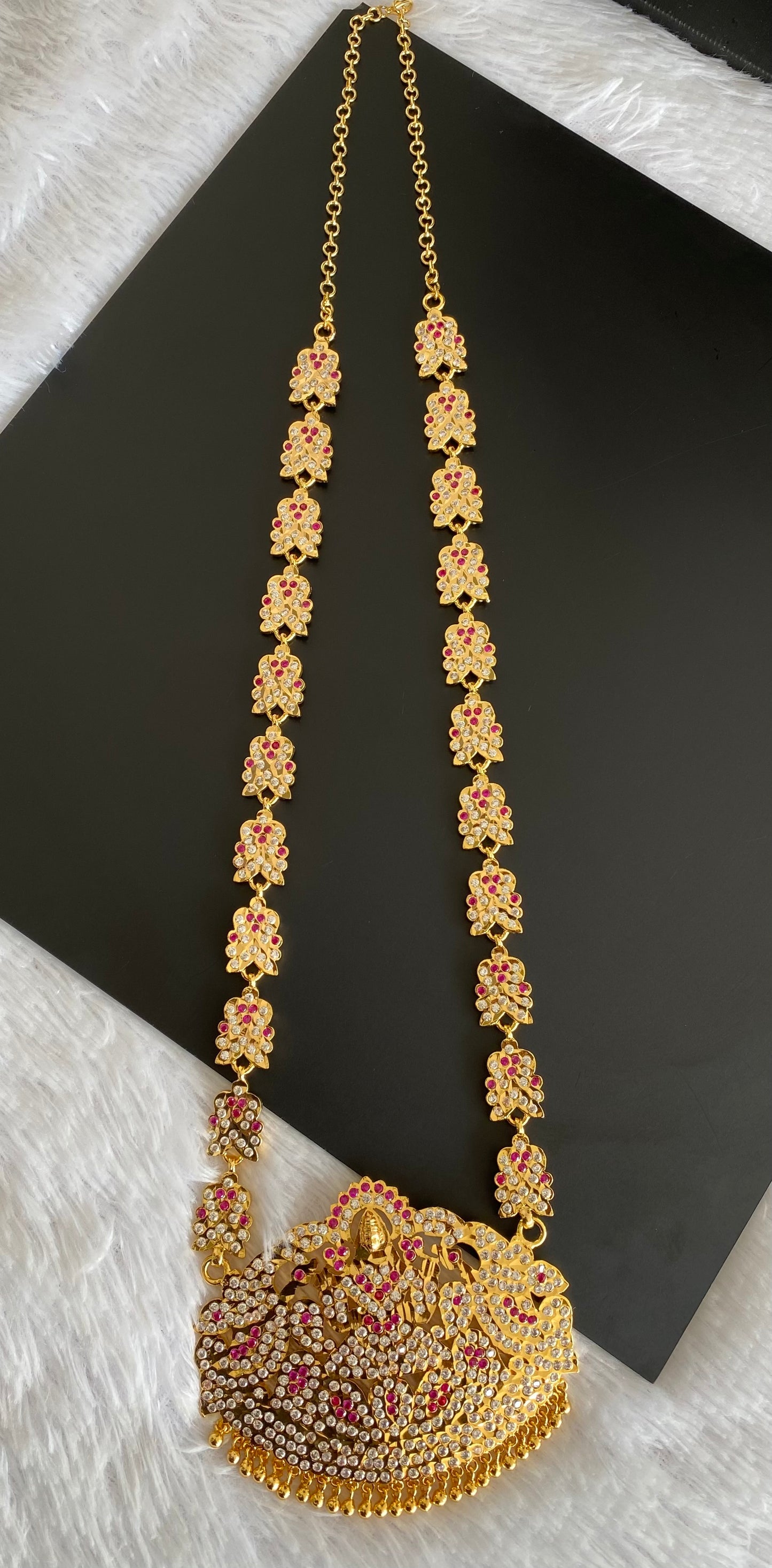 Gold tone south indian style grand AD pink-white peacock mango lakshmi haar dj-53258
