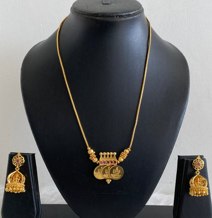 Gold tone kerala style pink stone lakshmi coin necklace set dj-55026