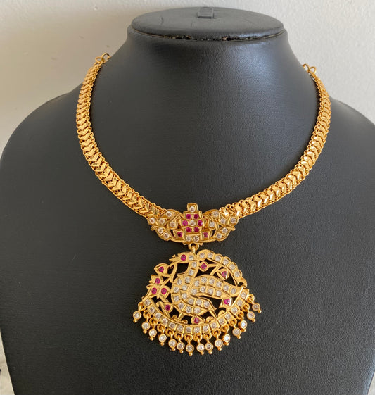 Gold tone south indian AD white-pink swan attigai/necklace dj-53898