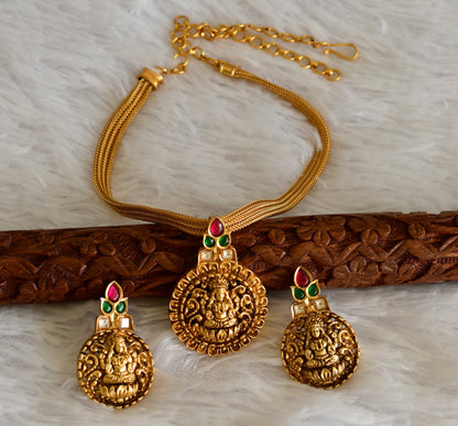 Matte finish pink-green jadau Lakshmi pendant necklace set dj-51822
