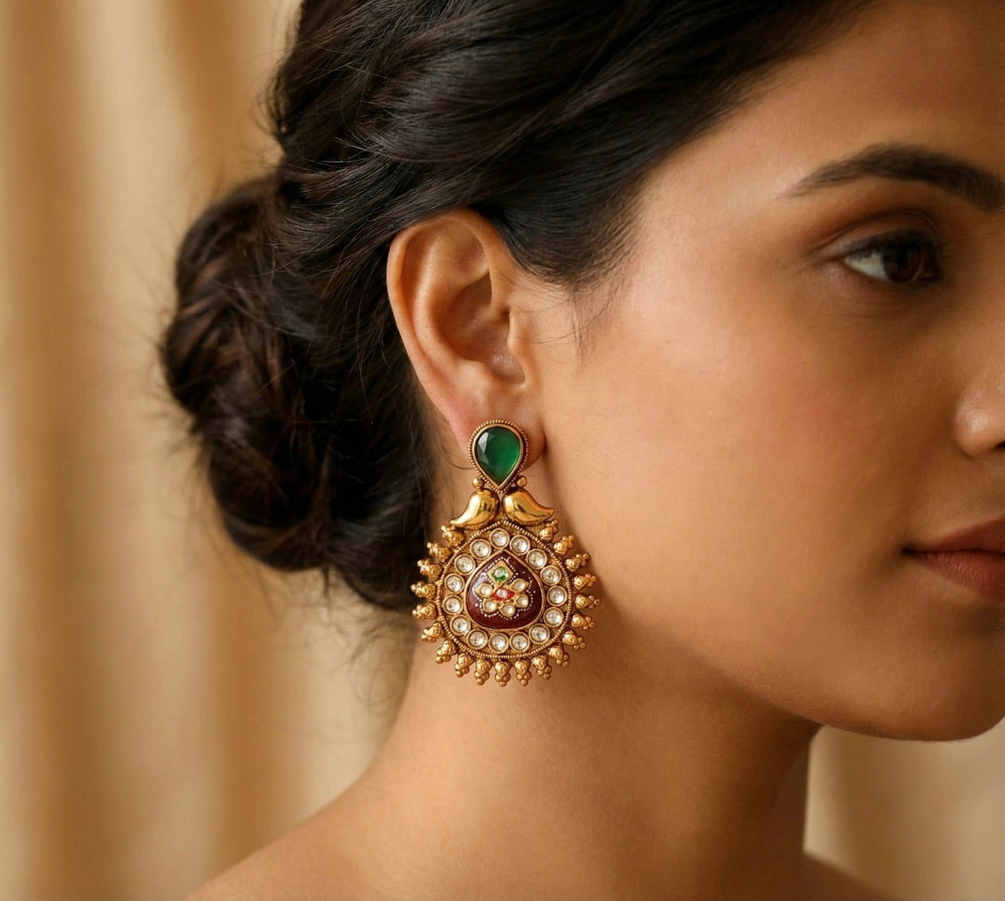 Antique gold tone meenakari red-green earrings dj-17079