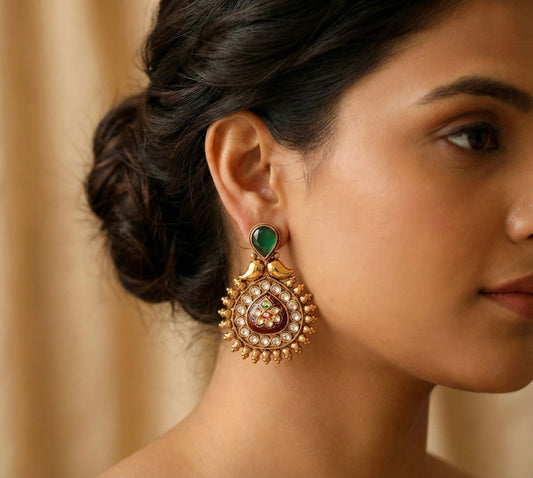 Antique gold tone meenakari red-green earrings dj-17079