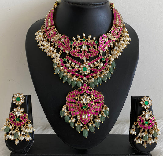 Antique gold tone peacock green beaded kundan jadau rice pearl necklace set dj-54162