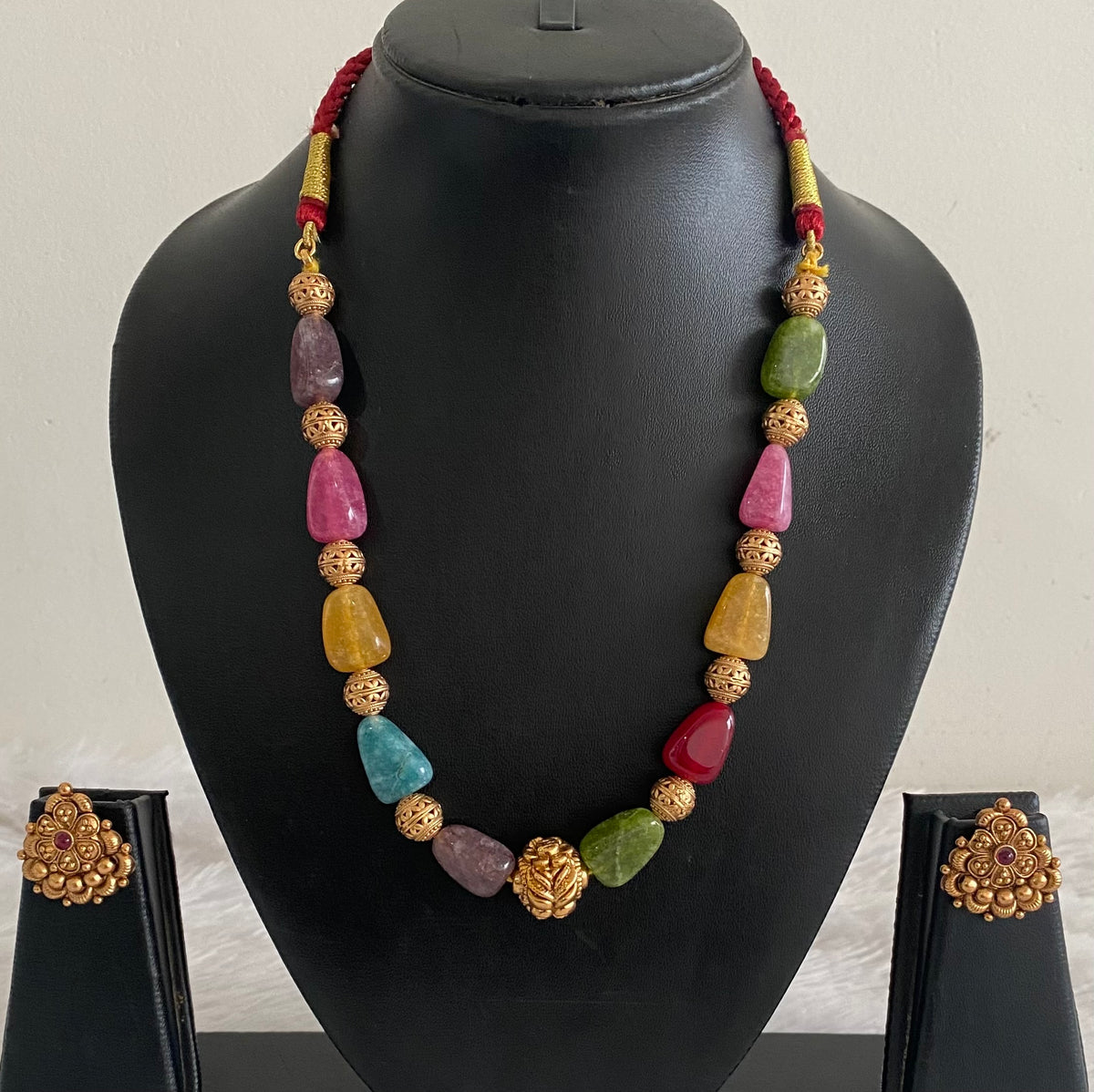 Antique gold tone multicolour beaded necklace set dj-54948