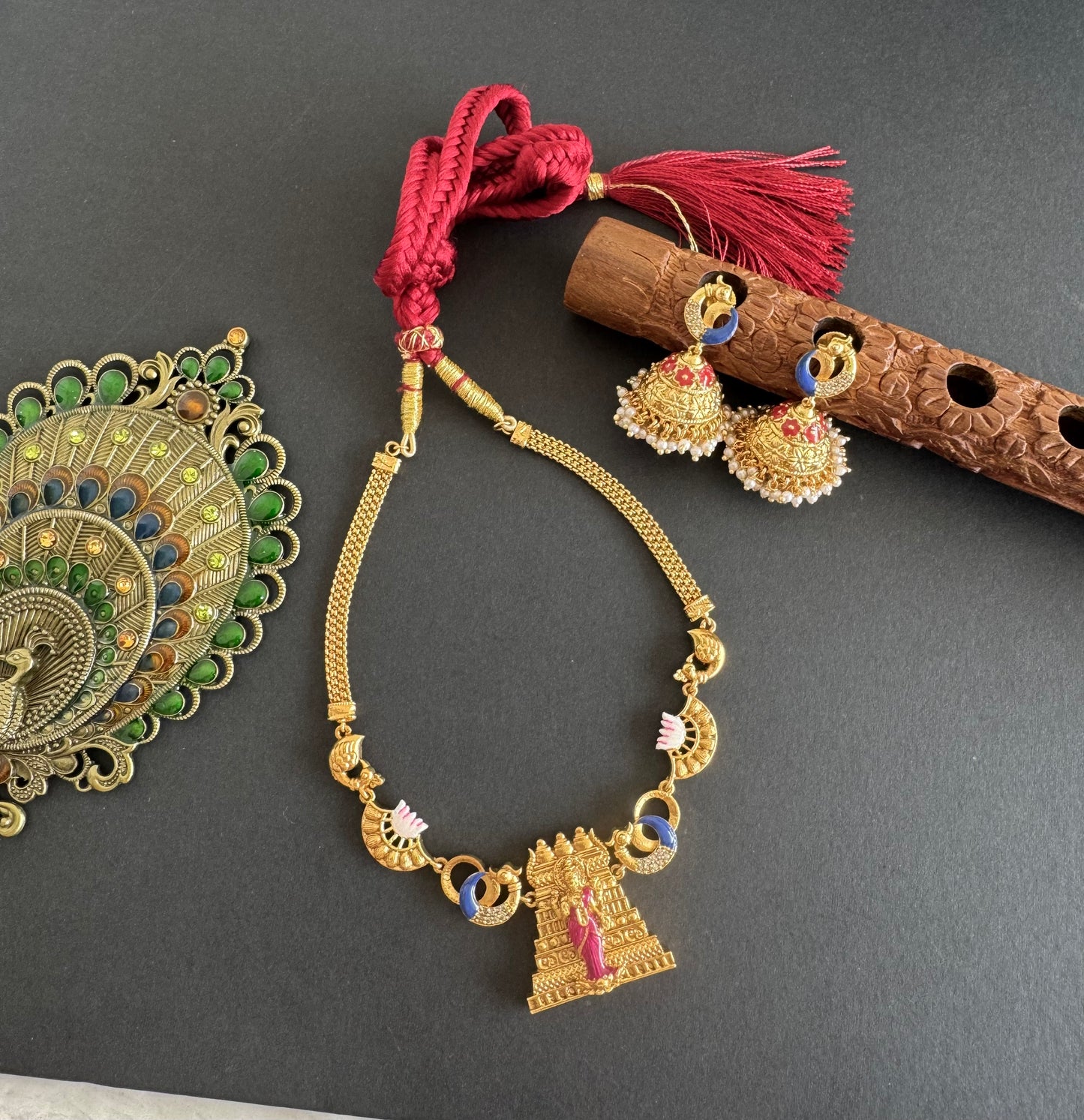 Matte finish Red-pink-blue meenakari Ma Meenakshi necklace set dj-52075
