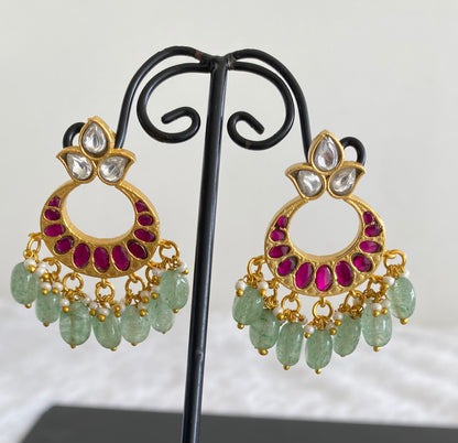 Gold tone white-pink stone green beaded kundan jadau bali earrings dj-53557
