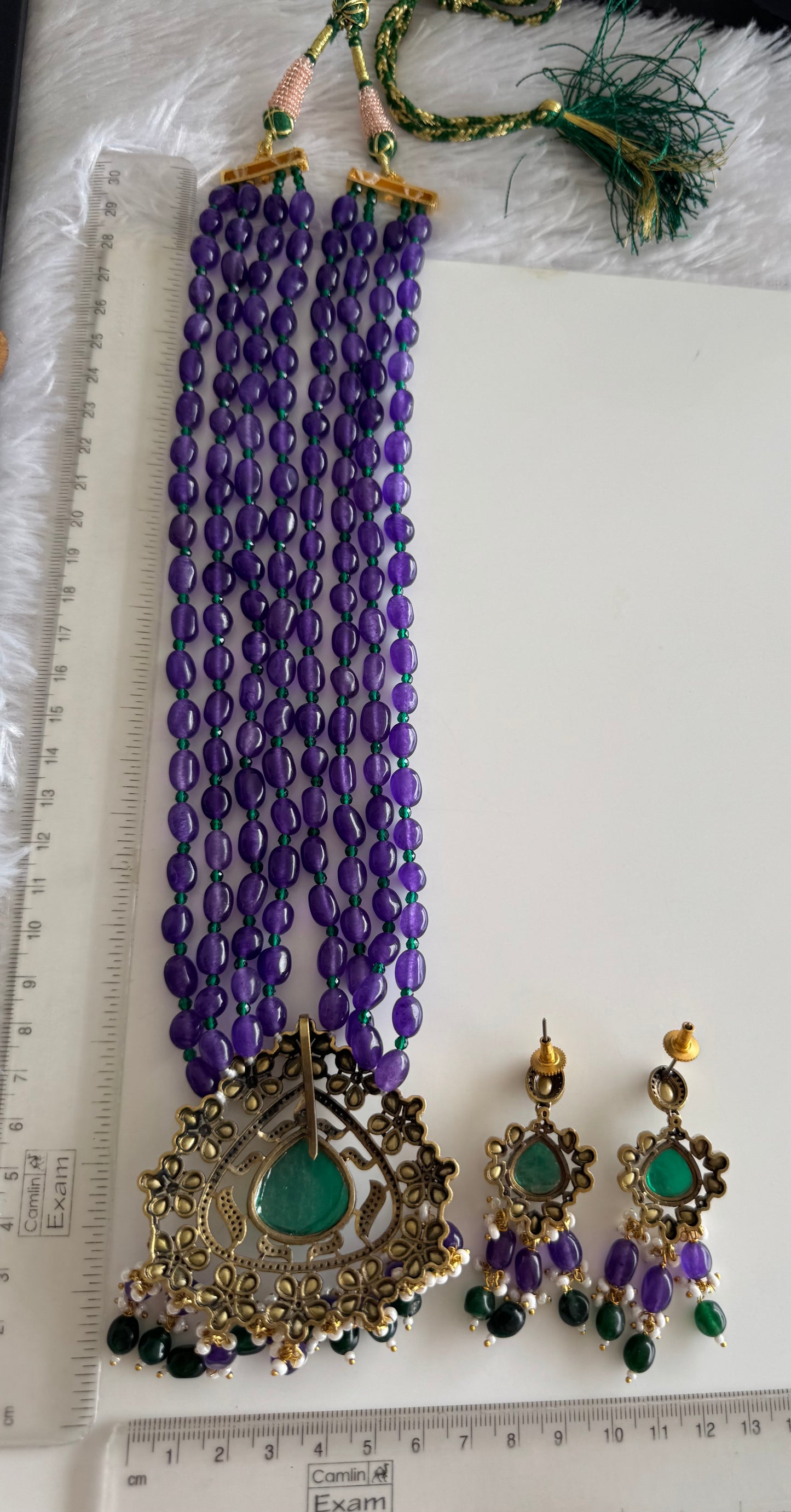 Antique victorian finish purple-green beaded kundan haar Set Dj-51464