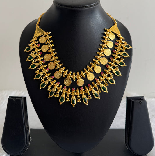 Gold tone kerala style pink-green nagapadam lakshmi coin double layer necklace dj-51735