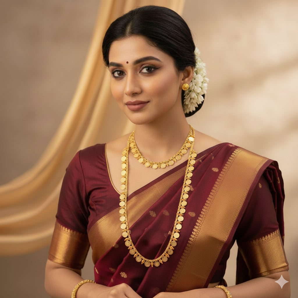 Gold tone kerala style ruby stone lakshmi coin combo haar set dj-45839