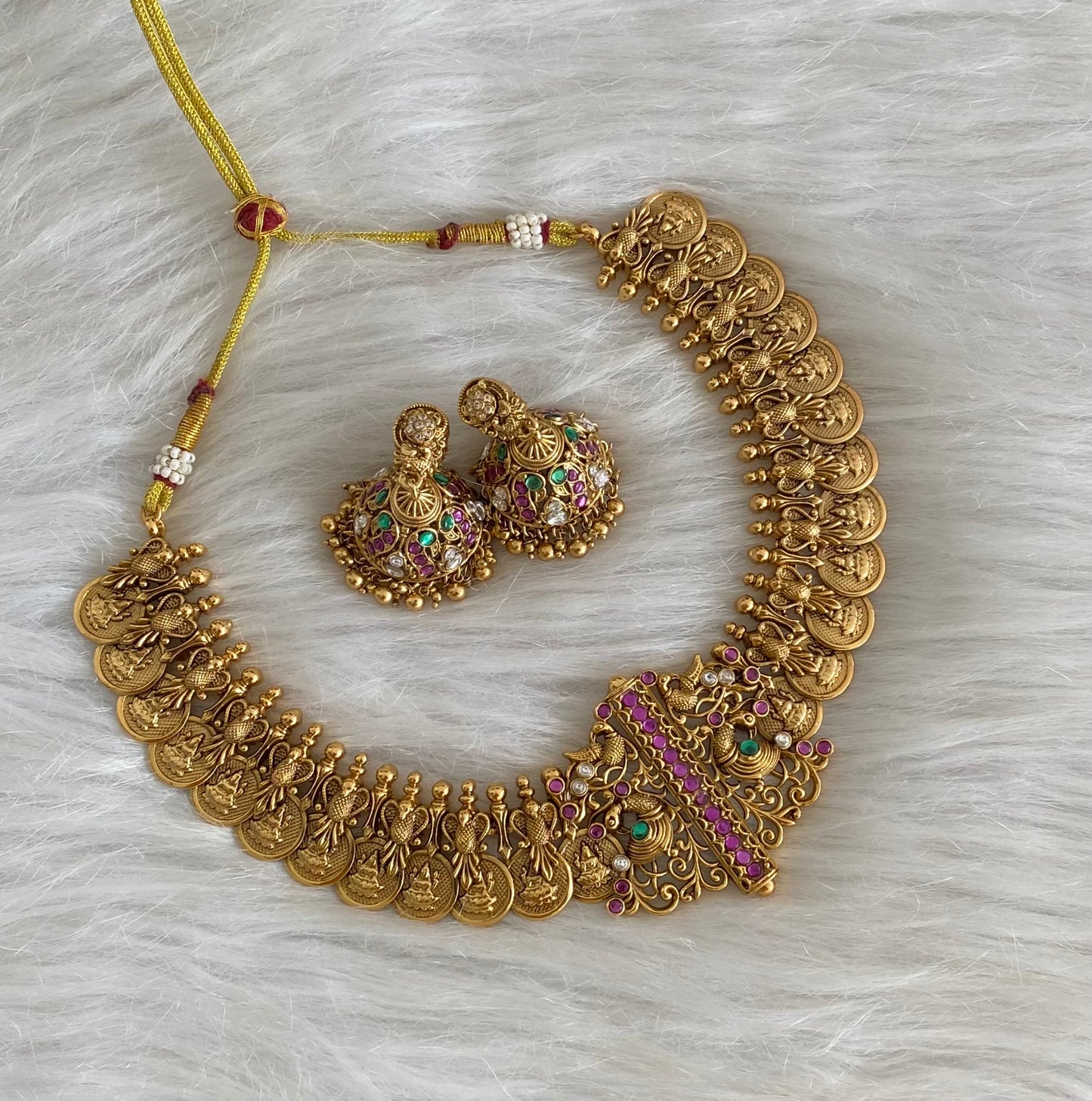 Antique gold tone peacock lakshmi coin necklace set dj-54509