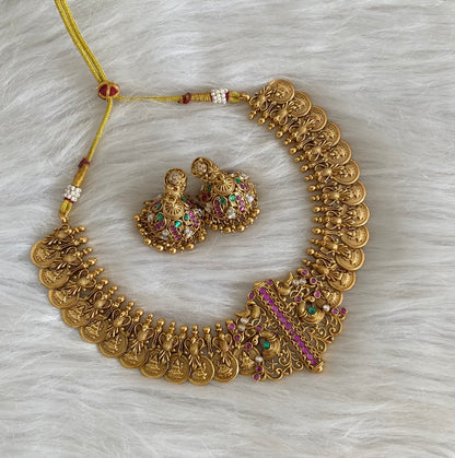 Antique gold tone peacock lakshmi coin necklace set dj-54509