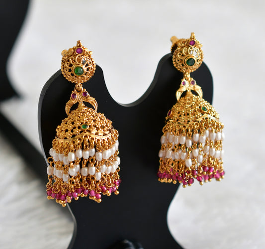 Antique gold tone ruby-green beaded peacock jhumkka dj-52162
