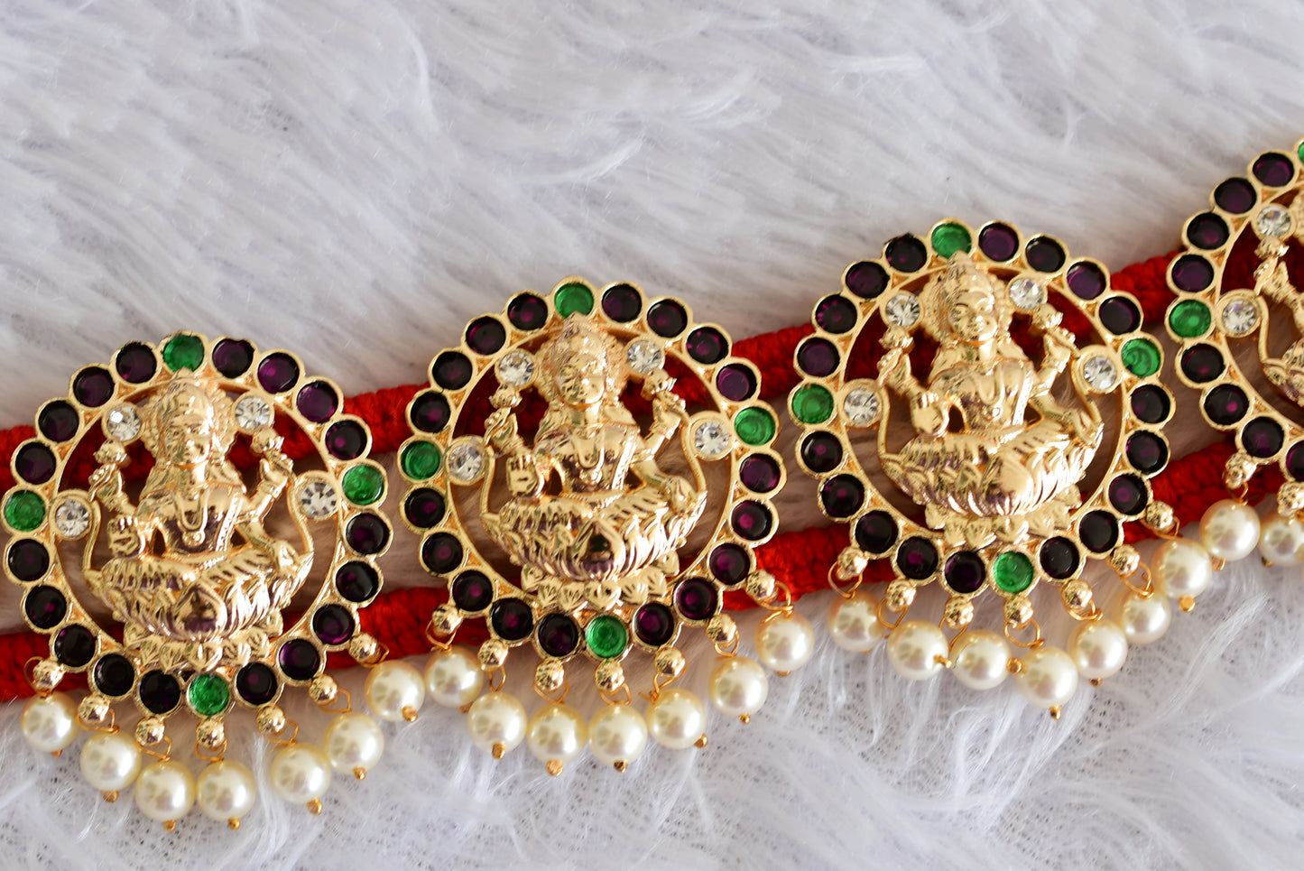 Gold tone precious kemp-green-white pearl lakshmi waist band dj-52270