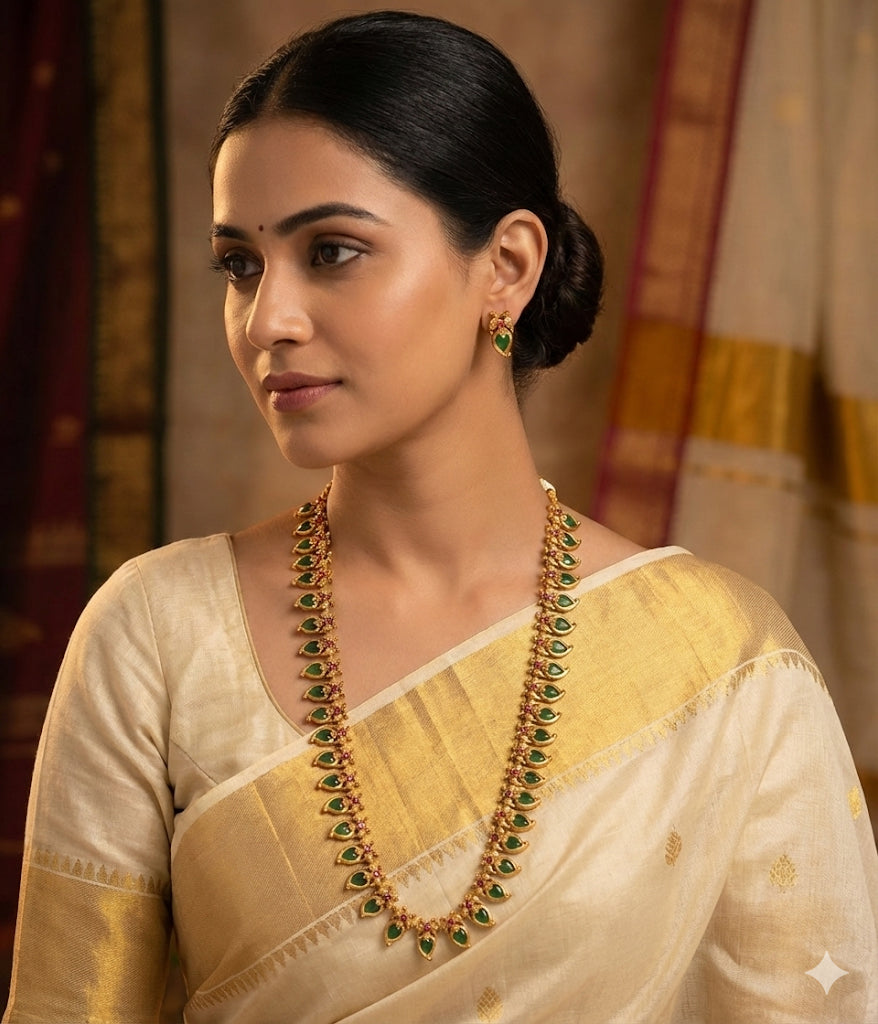 Matte finish pink-green peacock mango haar set dj-52437