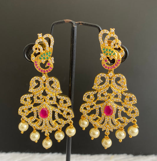Gold tone ruby-green-white stone pearl peacock earrings dj-52938