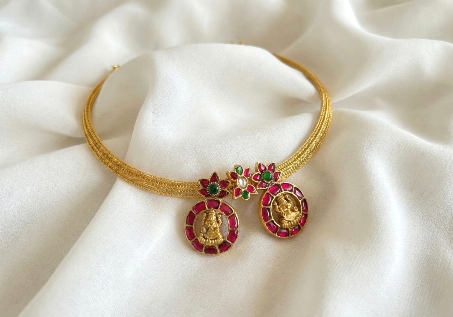 Antique gold tone pink-green kundan jadau Lakshmi necklace dj-35016