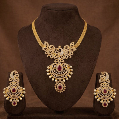 Gold tone cz-ruby pearl peacock necklace set dj-03770