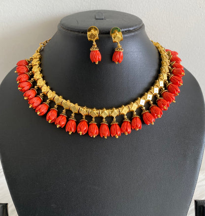 Antique gold tone red tulip beaded necklace set dj-54190