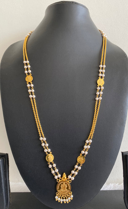 Gold tone lakshmi coin with pearl chain dj-53145