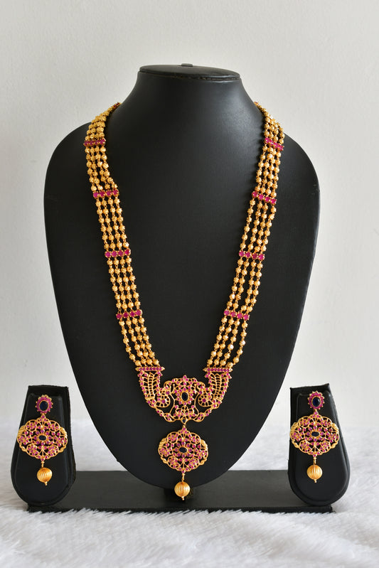 Gold tone ruby-blue beaded peacock haar set dj-51949