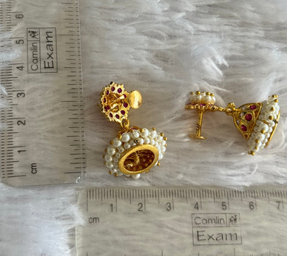 Gold tone ad pink-white stone pearl jhumkka dj-46016