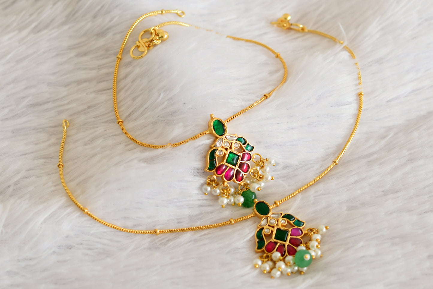 Gold tone pink-green-white kundan jadau anklets dj-52394