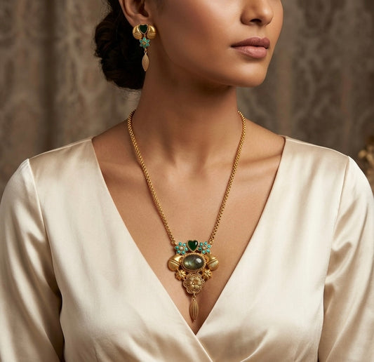 Antique gold tone natural stone turquoise jadau floral necklace set dj-54195